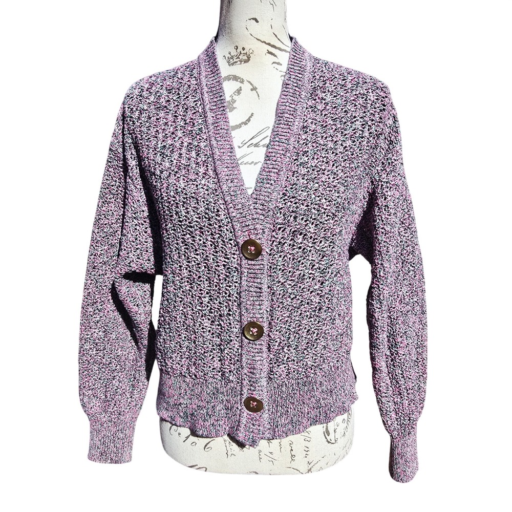 J. Jill Speckled Knit Button Front Cardigan Sweater Lavender Pink Green Size S - Picture 2 of 10